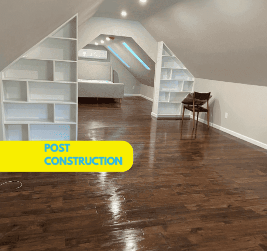 Construction cleanup crew performing final detailed cleaning removing dust and debris from newly built home in Sarasota County Florida