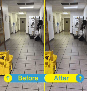 Automotive dealership floor cleaned and polished, free from tire marks and debris.