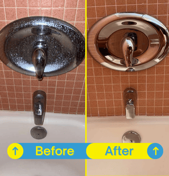 Shiny bathroom faucet after deep cleaning, showing a spotless chrome surface free of stains and limescale.