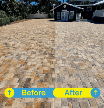Pressure washing an outdoor floor, showing a clear contrast between the cleaned and dirty areas.